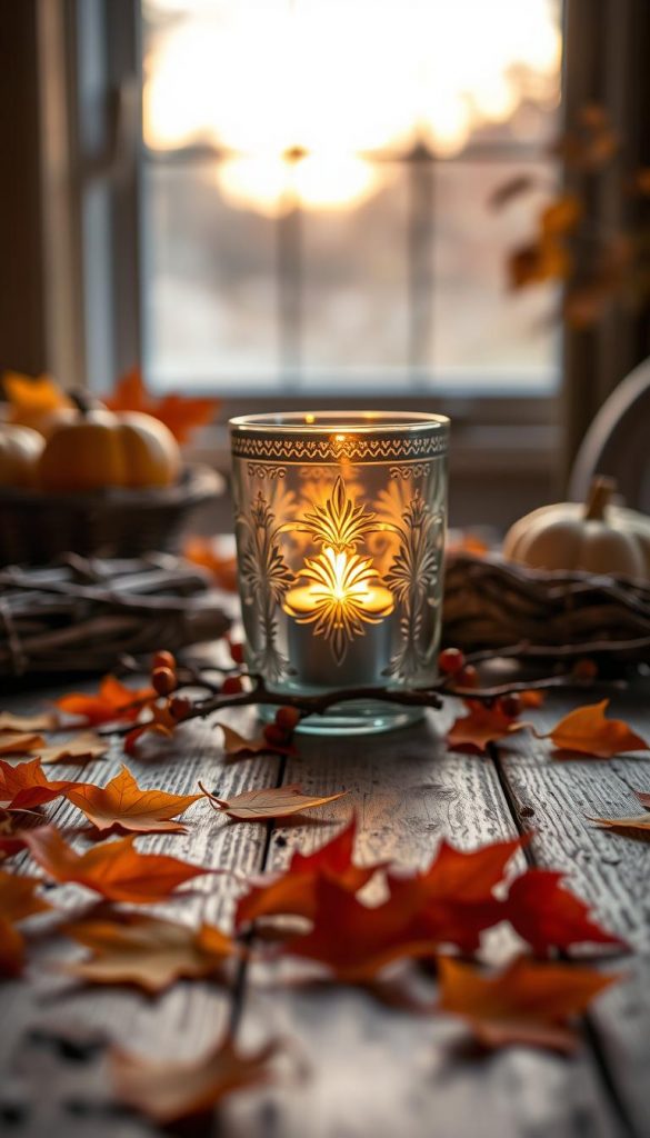 A cozy autumn scene featuring a beautifully crafted glass candle holder, or windlicht, glowing softly with a warm candlelight. In the foreground, rustic wooden table adorned with scattered autumn leaves in vibrant oranges and yellows. The middle layer showcases the elegant glass holder, showcasing intricate designs, with decorative details hinting at DIY creativity, perhaps small twigs or berries artfully arranged around it. In the background, blurred soft-focus of a fall-themed setting with a hint of a sunset sky, casting a warm glow over the scene. The lighting is warm and inviting, emphasizing a serene, inspirational atmosphere perfect for autumn crafts. The overall look should be natural and authentically DIY, embodying the aesthetic of "KlickKiste".