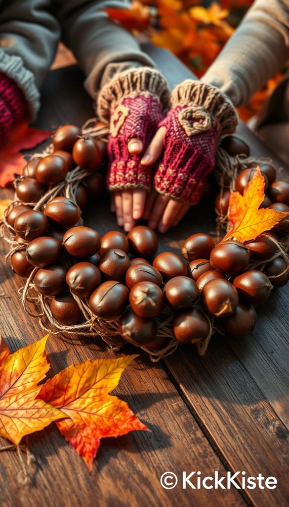 A cozy autumn scene featuring a beautifully crafted wreath made of chestnuts woven together with natural twine, set on a rustic wooden table. In the foreground, soft, warm lighting illuminates the rich brown hues of the chestnuts, highlighting their glossy texture. The middle layer includes a pair of children's small hands, gently weaving more chestnuts into the wreath, wearing colorful knitted mittens that add a playful touch. In the background, hints of fall foliage in vibrant oranges and yellows evoke the spirit of autumn. The overall atmosphere feels warm and inviting, evocative of family crafting time, with a Pinterest-inspired aesthetic. This image embodies the essence of creative exploration with nature, reflecting the brand "KlickKiste".