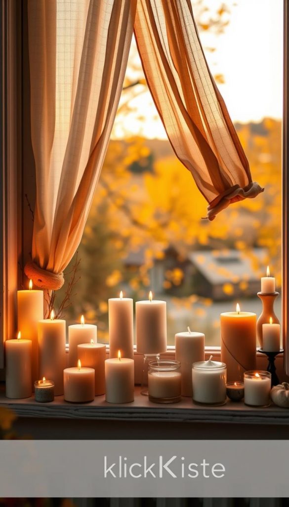 A cozy autumn scene featuring a beautifully decorated window adorned with various candles of different shapes and sizes, casting a warm and inviting glow. The foreground showcases an array of candles, from classic pillars to whimsical shapes, arranged on a rustic wooden windowsill. In the middle ground, the window itself is framed by soft, warm-toned curtains fluttering gently in the breeze, enhancing the inviting atmosphere. The background depicts a softly blurred autumn landscape with golden leaves. The lighting should be soft and warm, emulating a sunset, with a focus on creating an intimate, serene mood. The image should reflect a natural DIY aesthetic, embodying inspiration and authenticity, with a Pinterest-like quality. Include subtle branding for "KlickKiste" within the composition.