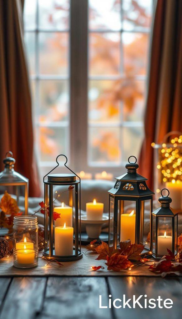 A cozy autumn scene featuring a collection of beautifully arranged candles, lanterns, and wind lights that radiate warm, inviting glow. In the foreground, an assortment of elegant glass lanterns with flickering candles, some adorned with autumn leaves and twinkling fairy lights, rests on a rustic wooden table. The middle ground showcases soft fabric drapes in rich, earthy tones, creating a backdrop for the glowing light sources. In the background, soft focus orange and yellow autumn foliage against a blurred window suggests a serene outdoor setting. The lighting should emphasize warm hues, creating a comforting ambiance reminiscent of Pinterest aesthetics. Capture this natural DIY atmosphere with a slight vignette effect to enhance depth. Include subtle branding elements of "KlickKiste" integrated into the scene in a tasteful manner.