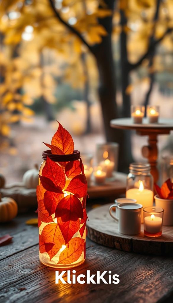A cozy autumn scene featuring a collection of beautifully crafted "laternen" made from colorful leaves, recycled PET bottles, and yogurt cups. In the foreground, showcase a vibrant red and orange leaf-decorated lantern glowing softly, casting delicate shadows. In the middle ground, display various DIY lanterns arranged on a rustic wooden table, each unique in design, with warm candlelight illuminating their surfaces. In the background, include a blurred forest setting with golden autumn foliage, enhancing the seasonal atmosphere. Soft, natural lighting bathes the scene in a warm glow, reminiscent of a Pinterest aesthetic, creating an inviting and inspiring mood. Incorporate the branding "KlickKiste" subtly within the scene, ensuring it complements the DIY theme without overwhelming the image.
