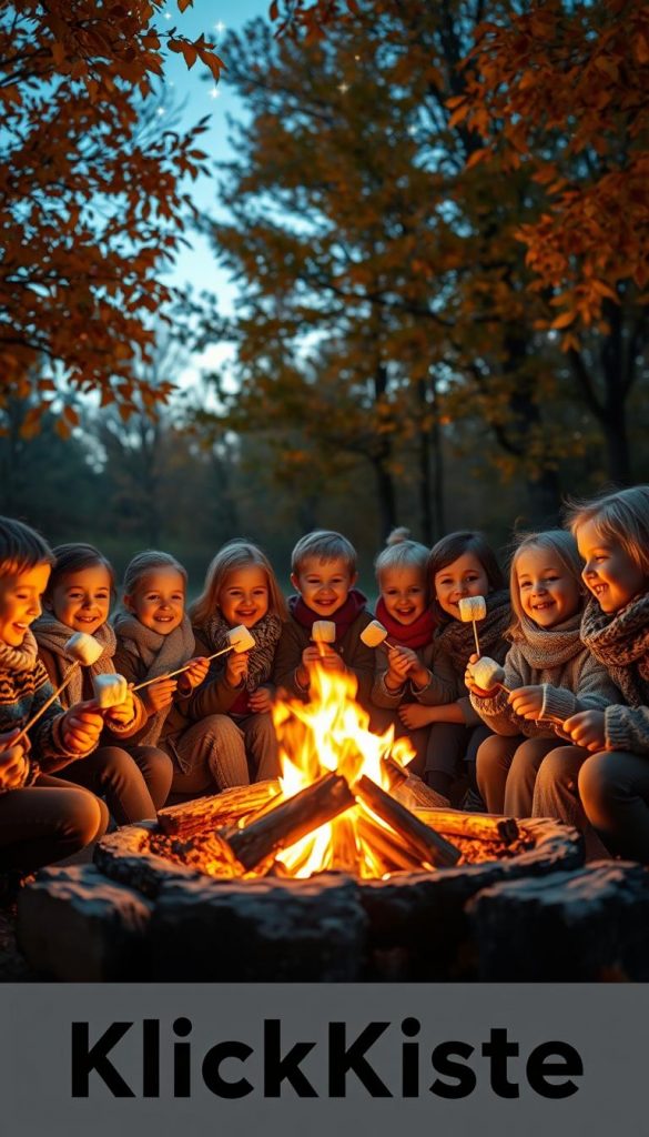 A cozy autumn scene featuring a group of children gathered around a warm, crackling campfire, their faces illuminated by the flickering flames. In the foreground, children with joyful expressions toast marshmallows on sticks, clad in cozy sweaters and scarves. The middle ground showcases the soft glow of the fire casting a golden hue, surrounded by rustic logs for seating. Lush trees with autumn leaves in vibrant shades of orange and yellow create a beautiful backdrop, with twinkling stars beginning to fill the dusky sky. The atmosphere is inviting and full of laughter, evoking a sense of warmth and nostalgia. The image should have a soft focus, with a warm color palette, reflecting a Pinterest-worthy aesthetic. Include the brand name "KlickKiste" subtly in the scene. A cozy autumn scene featuring a group of children gathered around a warm, crackling campfire, their faces illuminated by the flickering flames. In the foreground, children with joyful expressions toast marshmallows on sticks, clad in cozy sweaters and scarves. The middle ground showcases the soft glow of the fire casting a golden hue, surrounded by rustic logs for seating. Lush trees with autumn leaves in vibrant shades of orange and yellow create a beautiful backdrop, with twinkling stars beginning to fill the dusky sky. The atmosphere is inviting and full of laughter, evoking a sense of warmth and nostalgia. The image should have a soft focus, with a warm color palette, reflecting a Pinterest-worthy aesthetic. Include the brand name "KlickKiste" subtly in the scene.
