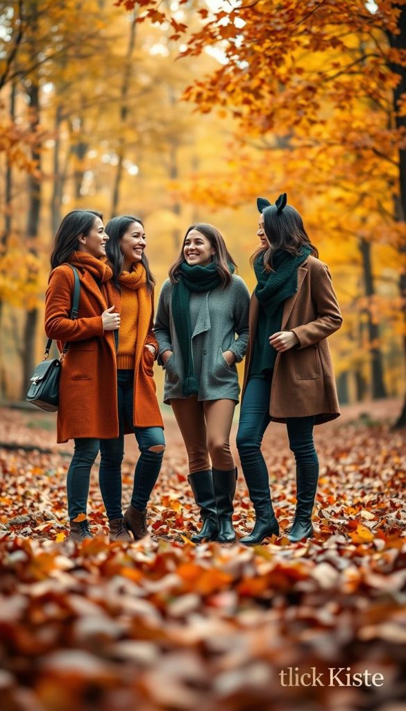 A cozy autumn scene featuring a group of three friends dressed in stylish outfits that harmonize with the vibrant colors of fall leaves. The foreground showcases the trio engaging in a cheerful conversation, wearing warm earth tones: terracotta, rich mustard, and deep forest green. In the middle, fallen leaves cover the ground, with hints of red, orange, and yellow creating a rich tapestry of autumn hues. The background reveals a soft-focus forest, dappled with diffused sunlight filtering through the trees, enhancing the warm atmosphere. A 50mm lens captures the joyful expressions of the friends, with a shallow depth of field that blurs the background gently. The overall mood is inviting and inspiring, perfect for a Pinterest-worthy look. Include a subtle branding watermark for "KlickKiste" in the corner.