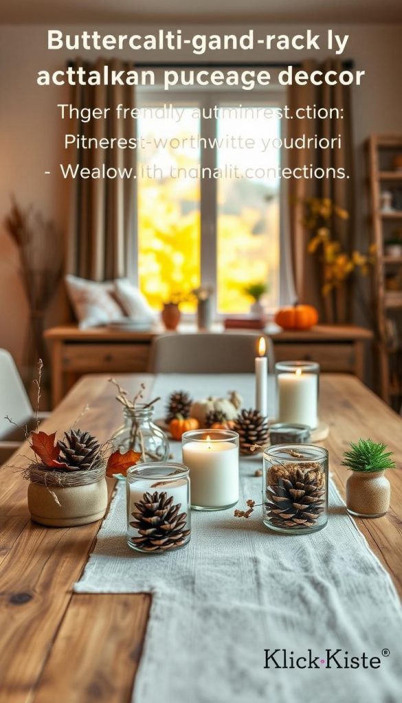 A cozy autumn scene featuring a minimalist arrangement of budget-friendly sustainable decor made from natural materials. In the foreground, display a rustic wooden table adorned with DIY crafts such as pinecone centerpieces, dried leaves, and simple candles in glass jars. The middle ground includes soft textiles like an organic cotton runner and small potted plants with earthy tones. The background showcases a warm, softly-lit room with a window revealing a golden foliage landscape outside. The lighting is warm and inviting, creating a serene atmosphere that accentuates the earthy colors of the decor. Capture the authentic, Pinterest-worthy aesthetic that reflects a commitment to sustainability, featuring a subtle branding element of "KlickKiste" integrated into the scene without text.