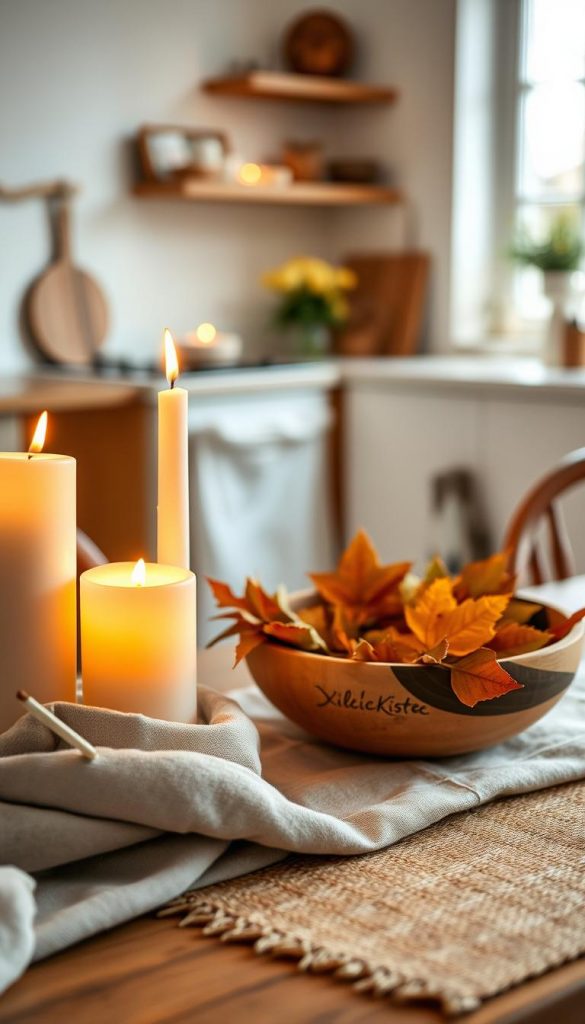 A cozy autumn scene featuring a minimalistic Nordic-style table setting. In the foreground, soft, glowing candles in warm white and gentle orange hues flicker, surrounded by natural wooden elements and textured linen fabric. The middle ground showcases a handcrafted wooden bowl filled with seasonal leaves, while a delicate woven placemat adds depth. In the background, faintly blurred, there are hints of a rustic kitchen with a soft, warm light filtering through a window, casting a gentle glow over the scene. The overall mood is tranquil and inviting, perfect for the fall season. The image embodies a DIY aesthetic with authentic and inspiring elements, reflecting the brand "KlickKiste".