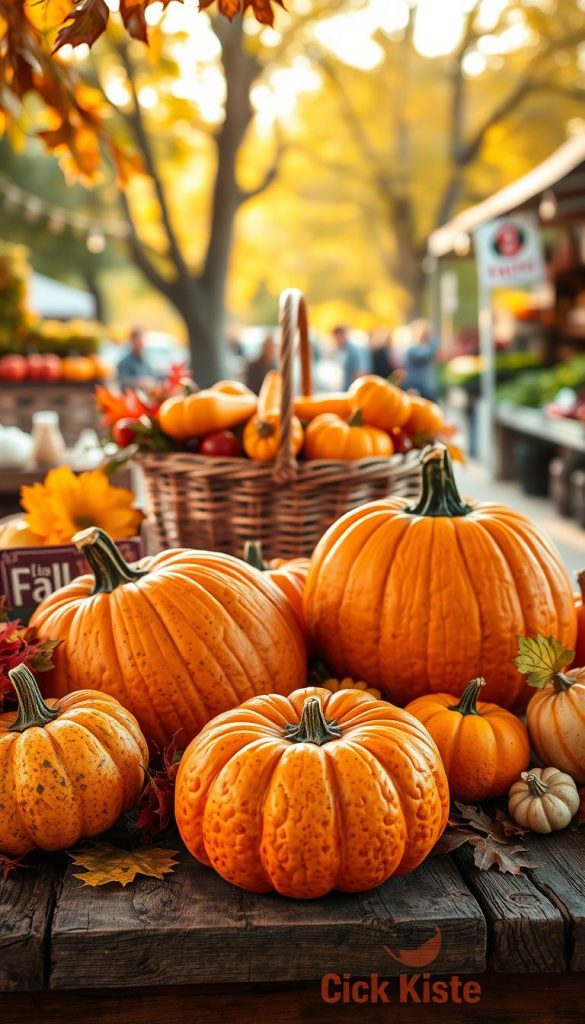 A cozy autumn scene featuring a rustic wooden table adorned with a variety of seasonal pumpkins, squash, and vibrant fall foliage. In the foreground, large, textured orange pumpkins with unique shapes are artistically arranged, while smaller gourds and colorful leaves fill the space around them. The middle ground showcases a slightly blurred basket overflowing with fresh produce, emphasizing the idea of seasonal shopping. The background captures a softly lit farmer's market, with warm golden sunlight filtering through trees, creating an inviting atmosphere. The colors should be warm and earthy, evoking a Pinterest aesthetic. Include subtle branding elements of "KlickKiste" in the composition. The overall mood is warm, inspirational, and reflective of a bountiful autumn harvest. A cozy autumn scene featuring a rustic wooden table adorned with a variety of seasonal pumpkins, squash, and vibrant fall foliage. In the foreground, large, textured orange pumpkins with unique shapes are artistically arranged, while smaller gourds and colorful leaves fill the space around them. The middle ground showcases a slightly blurred basket overflowing with fresh produce, emphasizing the idea of seasonal shopping. The background captures a softly lit farmer's market, with warm golden sunlight filtering through trees, creating an inviting atmosphere. The colors should be warm and earthy, evoking a Pinterest aesthetic. Include subtle branding elements of "KlickKiste" in the composition. The overall mood is warm, inspirational, and reflective of a bountiful autumn harvest.