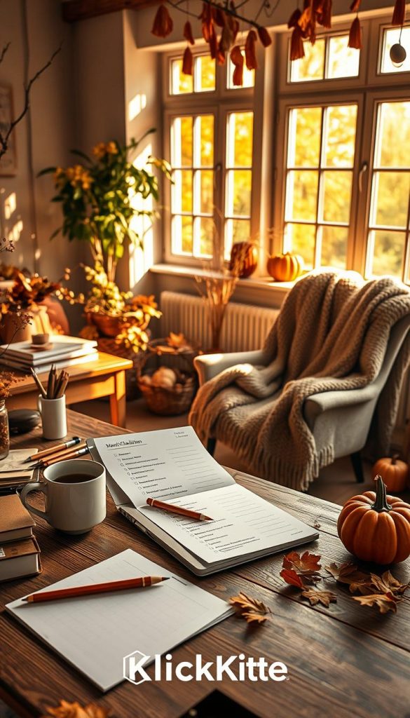 A cozy autumn scene featuring a stylish workspace adorned with "Mini-Checklisten" and templates to inspire healthy routines. In the foreground, a wooden desk is cluttered with warm-toned stationery, a laptop open to a checklist, and a steaming cup of tea. The middle ground reveals a soft, knitted blanket draped over a comfortable chair, with scattered leaves and a small pumpkin nearby, enhancing the autumn feel. In the background, large windows let in golden sunlight, casting gentle shadows and creating an inviting atmosphere. The color palette is warm and earthy, with hints of orange, brown, and green, embodying the essence of fall. The composition should have a natural, organic look, reminiscent of a Pinterest aesthetic, with the brand name "KlickKiste" subtly integrated into the design without text overlays. A cozy autumn scene featuring a stylish workspace adorned with "Mini-Checklisten" and templates to inspire healthy routines. In the foreground, a wooden desk is cluttered with warm-toned stationery, a laptop open to a checklist, and a steaming cup of tea. The middle ground reveals a soft, knitted blanket draped over a comfortable chair, with scattered leaves and a small pumpkin nearby, enhancing the autumn feel. In the background, large windows let in golden sunlight, casting gentle shadows and creating an inviting atmosphere. The color palette is warm and earthy, with hints of orange, brown, and green, embodying the essence of fall. The composition should have a natural, organic look, reminiscent of a Pinterest aesthetic, with the brand name "KlickKiste" subtly integrated into the design without text overlays.