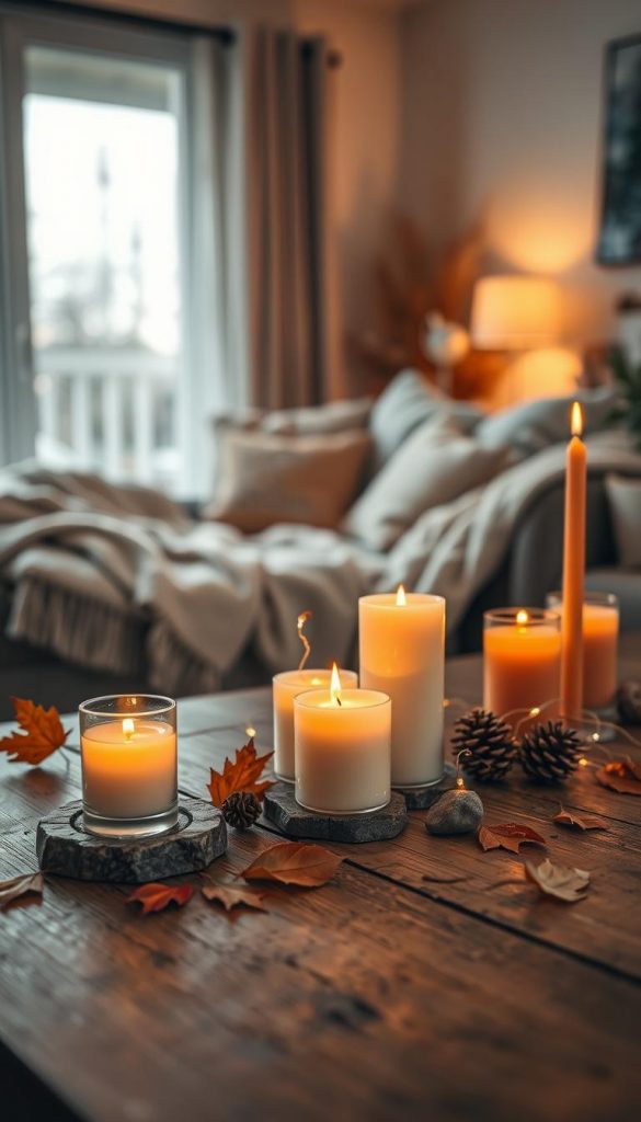 A cozy autumn scene featuring an array of elegant candles, softly glowing in warm amber and soft white hues, scattered across a rustic wooden table. In the foreground, a few candles of varying heights are placed on decorative stone coasters, surrounded by autumn leaves and small pine cones. In the middle ground, a delicate string of fairy lights twinkles, artfully entwined around the candles to enhance the inviting ambiance. The background reveals a softly blurred view of a cozy living room, adorned with plush blankets and warm-toned cushions, reflecting a Pinterest-inspired aesthetic. The lighting is warm and intimate, casting gentle shadows to create a serene atmosphere, perfect for autumn evenings. Inspired by the brand KlickKiste, this image captures the essence of a cozy, inviting space.