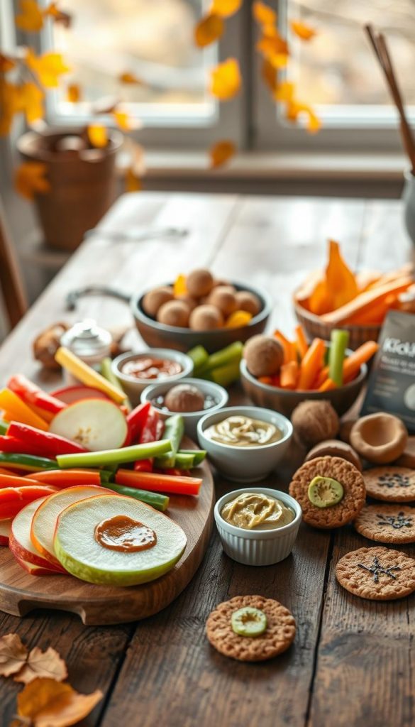 A cozy autumn scene featuring an assortment of quick and healthy snacks arranged appealingly on a rustic wooden table. In the foreground, showcase a wooden board filled with vibrant, allergen-friendly options such as sliced apples with almond butter, colorful vegetable sticks, and small bowls of hummus and guacamole. In the middle ground, display cheerful, artisanal snack ideas like homemade energy balls and whole-grain crackers with avocado spread. The background should be softly blurred, featuring hints of golden leaves and warm, natural light filtering through a nearby window, creating an inviting atmosphere. The overall mood should be authentic and inspiring, embodying a Pinterest-worthy aesthetic. Include subtle branding with the name "KlickKiste" on a minimalist packaging design near the snacks. A cozy autumn scene featuring an assortment of quick and healthy snacks arranged appealingly on a rustic wooden table. In the foreground, showcase a wooden board filled with vibrant, allergen-friendly options such as sliced apples with almond butter, colorful vegetable sticks, and small bowls of hummus and guacamole. In the middle ground, display cheerful, artisanal snack ideas like homemade energy balls and whole-grain crackers with avocado spread. The background should be softly blurred, featuring hints of golden leaves and warm, natural light filtering through a nearby window, creating an inviting atmosphere. The overall mood should be authentic and inspiring, embodying a Pinterest-worthy aesthetic. Include subtle branding with the name "KlickKiste" on a minimalist packaging design near the snacks.