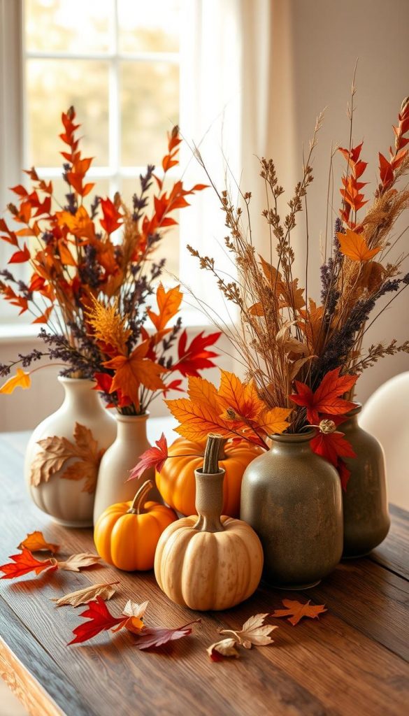 A cozy autumn scene featuring an elegant arrangement of dried flowers and leaves in decorative vases. In the foreground, a rustic wooden table holds a variety of ceramic vases, each filled with vibrant autumn foliage, including rich red and golden yellow leaves, complemented by purple heather and delicate dried grasses. The middle ground showcases plump orange and white pumpkins nestled amongst the vases, their textures enhancing the seasonal theme. In the background, soft golden light filters through a nearby window, casting warm shadows and creating a serene atmosphere. The overall composition exudes a nature-inspired, Pinterest-worthy aesthetic that captures the essence of fall. Brand name: KlickKiste.