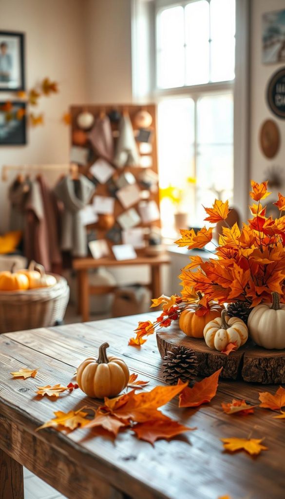 A cozy autumn scene featuring beautifully arranged fall decorations and upcycled materials. In the foreground, a rustic wooden table holds a centerpiece of vibrant orange and yellow leaves, small pumpkins, and handmade crafts like pinecone candle holders. The middle ground showcases a charming display of DIY autumn-themed gifts, including knitted scarves and handmade cards, all adorned with natural elements. In the background, a softly-lit, warm-toned environment with a window allows gentle sunlight to filter through, creating a serene atmosphere. Capture this inviting scene with a soft-focus lens effect, emphasizing the richness of warm colors. The overall mood should be inspiring and authentically autumnal, embodying the ethos of "KlickKiste." Ensure the image is well-composed, without any text overlays or distractions.