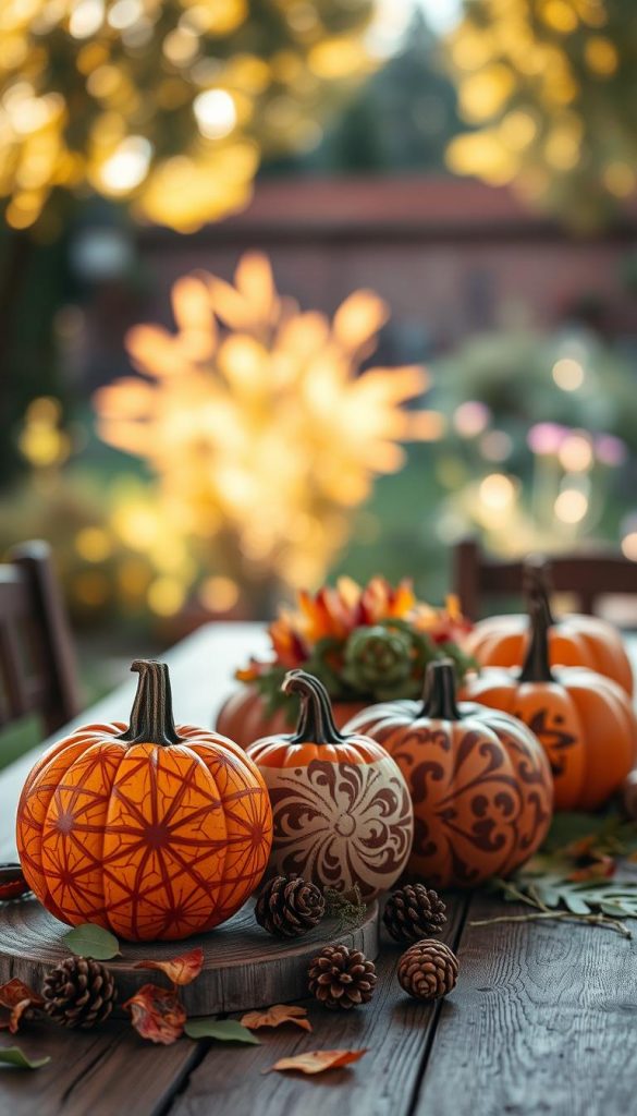 A cozy autumn scene featuring beautifully carved and painted pumpkins arranged artistically on a rustic wooden table. In the foreground, three intricately designed pumpkins display various artistic styles, such as geometric patterns and floral motifs. The middle ground reveals the table adorned with natural decorations like pinecones and colorful leaves, adding to the fall atmosphere. In the background, soft bokeh of a sun-dappled garden with warm golden light filtering through, creating an inviting and serene mood. The overall color palette includes rich earthy tones of orange, brown, and green, encapsulating the essence of DIY autumn decor. The composition has a Pinterest-inspired aesthetic, focusing on the theme "Kürbisdeko langlebig denken". Captured with a warm lighting setup, emphasizing authenticity and inspiration.