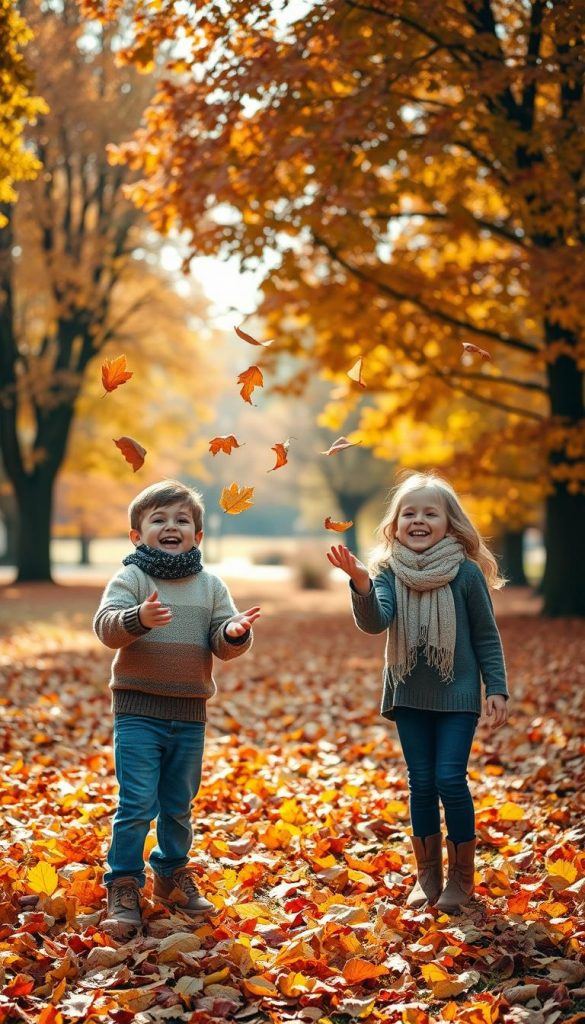 A cozy autumn scene featuring children playfully posing among a vibrant carpet of colorful leaves. In the foreground, two kids, a boy and a girl, dressed in warm, casual attire—think soft sweaters and stylish scarves—are laughing as they throw leaves into the air, capturing a sense of joy and spontaneity. The middle ground showcases a variety of trees in rich shades of orange, red, and gold, their leaves gently falling to the ground. In the background, a blurred view of a serene park adds depth, with sunlight filtering through the foliage, casting a warm glow. The overall atmosphere is cheerful and inviting, reminiscent of a Pinterest aesthetic. The image embodies authentic playfulness while emphasizing the warmth and beauty of autumn. Ideal for showcasing family moments, reminiscent of the brand KlickKiste's inspiring imagery.