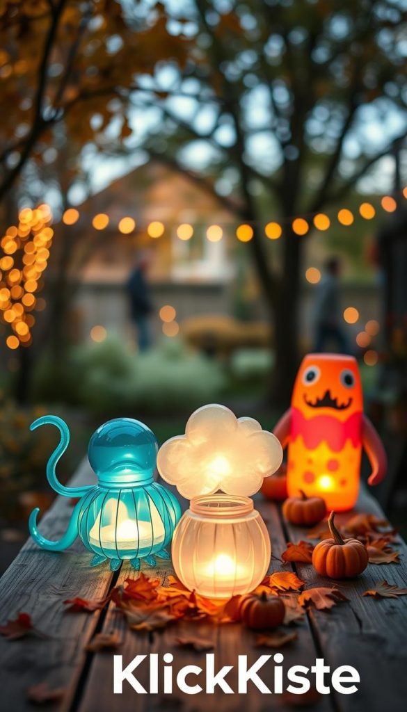 A cozy autumn scene featuring creative upcycled lanterns shaped like an octopus, a cloud, and a monster, made from colorful PET bottles. In the foreground, the lanterns glow warmly, illuminating their whimsical designs with flowing tentacles, fluffy cloud shapes, and playful monster features. The middle ground showcases a rustic wooden table adorned with fallen leaves and small pumpkins, enhancing the DIY atmosphere. In the background, soft bokeh lights twinkle in a serene garden setting, evoking a warm and inviting mood. Natural daylight filters through the trees, casting gentle shadows. This image embodies an authentic and inspiring aesthetic, perfect for DIY enthusiasts. Include the brand name "KlickKiste" subtly integrated into the scene, emphasizing creativity and sustainability.