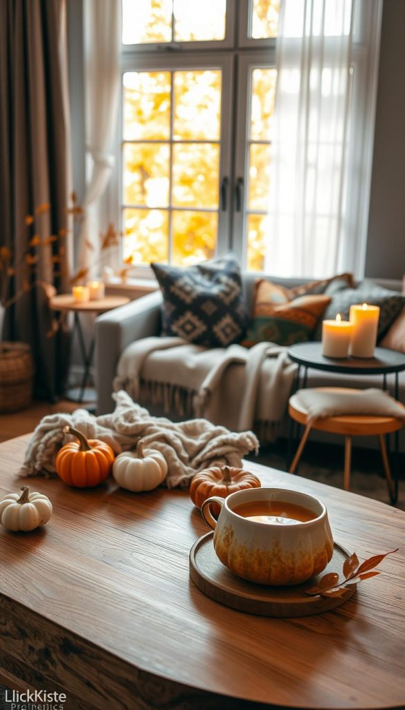 A cozy autumn scene featuring layered decor perfect for small spaces and rental apartments. In the foreground, a warm wooden coffee table adorned with an assortment of natural elements: mini pumpkins, soft blankets in earthy tones, and a steaming cup of tea. The middle layer includes a stylish sofa with patterned cushions and a wool throw, complemented by a chic side table with candles flickering softly in the warm glow. The background features a softly lit window showcasing golden fall leaves outside, casting gentle shadows inside. The overall atmosphere is inviting and inspirational, capturing a Pinterest-worthy aesthetic for DIY enthusiasts. The decor embodies the brand KlickKiste, emphasizing warmth and authenticity with natural materials and a harmonious color palette.