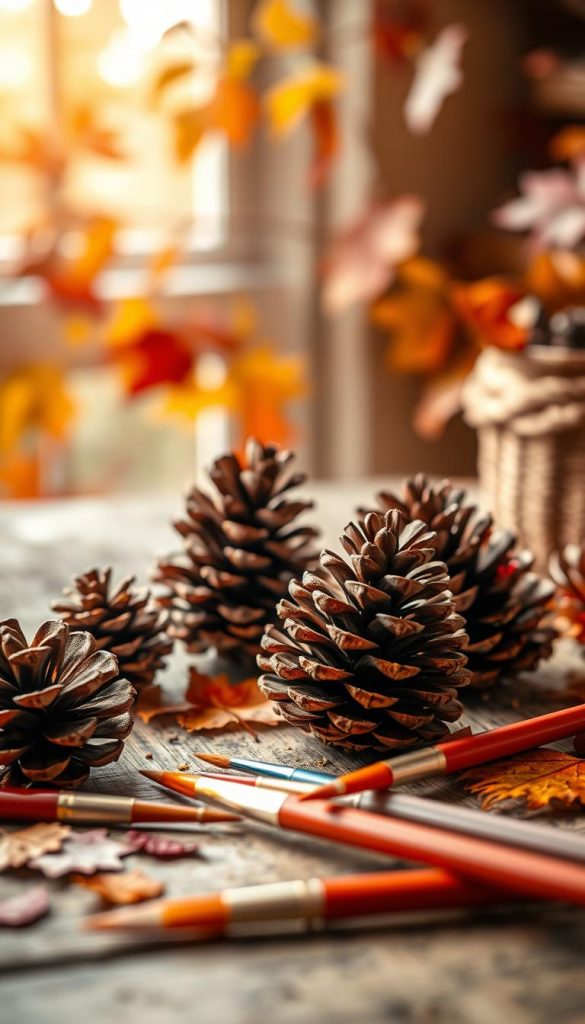 A cozy autumn scene featuring layered pine cones, known as "tannenzapfen," artistically arranged to evoke a sense of creativity. In the foreground, several pine cones rest on a rustic wooden table, showcasing their natural textures and earthy tones. Scattered around them are vibrant brushes dipped in warm, autumnal paints, suggestive of painting activities with children. The midground includes a softly blurred backdrop of colorful autumn leaves, creating a natural palette of reds, oranges, and yellows. Gentle, warm lighting filters through, illuminating the scene with a soft glow, reminiscent of golden hour. The atmosphere feels inviting and inspiring, perfect for a DIY crafting experience. This image embodies the spirit of "KlickKiste" with its authentic, Pinterest-inspired aesthetic, making it a delightful visual representation of artistic exploration in nature.