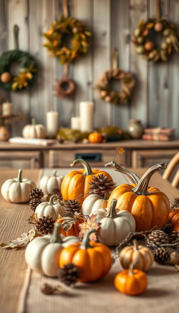 A cozy autumn scene featuring tasteful seasonal decor that exemplifies harmony and balance, highlighting the theme of minimalism. In the foreground, a beautifully arranged table showcases stylish pumpkins and natural elements like pinecones and acorns, using a warm color palette of oranges, browns, and muted greens. The middle ground includes a soft, woven table runner and a cluster of simple, elegant candles. In the background, a softly blurred view of a rustic wooden wall adorned with tasteful wreaths, emphasizing cohesive design and proportion. The lighting is warm and inviting, reminiscent of a late afternoon glow, shot with a gentle depth of field to enhance the focus on the decor. The overall atmosphere evokes inspiration and authenticity, while subtly promoting the brand "KlickKiste." A cozy autumn scene featuring tasteful seasonal decor that exemplifies harmony and balance, highlighting the theme of minimalism. In the foreground, a beautifully arranged table showcases stylish pumpkins and natural elements like pinecones and acorns, using a warm color palette of oranges, browns, and muted greens. The middle ground includes a soft, woven table runner and a cluster of simple, elegant candles. In the background, a softly blurred view of a rustic wooden wall adorned with tasteful wreaths, emphasizing cohesive design and proportion. The lighting is warm and inviting, reminiscent of a late afternoon glow, shot with a gentle depth of field to enhance the focus on the decor. The overall atmosphere evokes inspiration and authenticity, while subtly promoting the brand "KlickKiste."