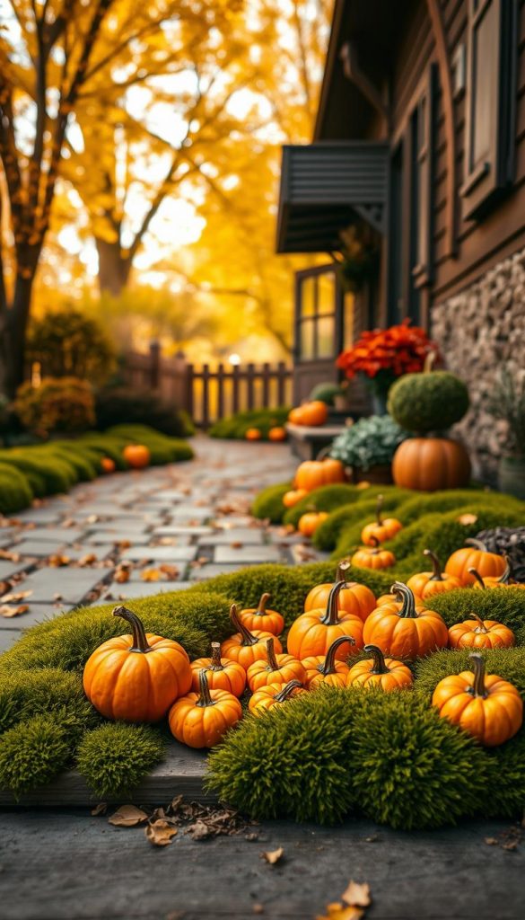 A cozy autumn scene featuring vibrant orange and yellow pumpkins nestled amidst lush green moss. In the foreground, an assortment of small, decorative pumpkins of varying sizes are arranged artistically on a wooden step, surrounded by soft, velvety moss that creates a natural, earthy feel. The middle ground showcases a gently winding pathway leading to a welcoming entrance, adorned with rustic wooden accents and subtle touches of seasonal foliage. In the background, trees shed leaves in hues of gold and amber, softly illuminated by warm, dappled sunlight filtering through branches. The atmosphere feels inviting, embodying a tranquil and creative DIY spirit perfect for outdoor decorations, inspired by the aesthetic of "KlickKiste." The image should be captured with a shallow depth of field, enhancing the intricate details while keeping the overall mood warm and inspirational.