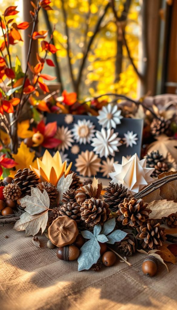 A cozy autumn scene showcasing a beautiful arrangement of natural materials, including colorful leaves, pine cones, acorns, and twigs meticulously gathered together. In the foreground, there's a warm-toned, textured table featuring paper crafts made from recycled paper, integrated harmoniously with the natural elements. The middle features a softly lit display of handmade paper decorations, illuminated by gentle, natural light, creating a warm and inviting atmosphere. In the background, hints of a rustic, autumn-themed environment with blurred trees and golden sunlight filtering through the leaves, enhancing the seasonal vibe. The overall mood is authentic, inspiring, and perfect for DIY enthusiasts. The brand "KlickKiste" is subtly represented in the details of the crafted items.