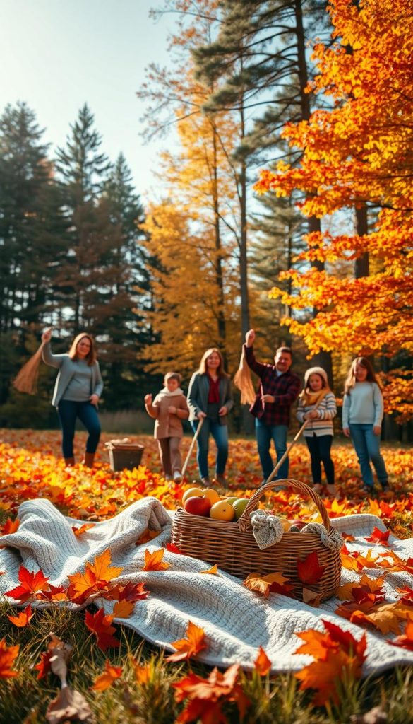 A cozy autumn scene showcasing a family engaging in outdoor activities during the weekend. In the foreground, parents and children are joyfully raking colorful leaves, wearing modest casual clothing suitable for fall. The middle ground features a picnic blanket with warm sweaters and a basket filled with seasonal fruits, surrounded by vibrant orange, red, and yellow foliage. In the background, tall trees stand against a clear blue sky, while golden sunlight filters through the branches, creating a warm and inviting atmosphere. The overall mood is joyful and inspiring, echoing the essence of family bonding in nature. Inspired by the aesthetic of KlickKiste and resembling a Pinterest-worthy image, the colors are warm and natural, emphasizing the beauty of autumn. A cozy autumn scene showcasing a family engaging in outdoor activities during the weekend. In the foreground, parents and children are joyfully raking colorful leaves, wearing modest casual clothing suitable for fall. The middle ground features a picnic blanket with warm sweaters and a basket filled with seasonal fruits, surrounded by vibrant orange, red, and yellow foliage. In the background, tall trees stand against a clear blue sky, while golden sunlight filters through the branches, creating a warm and inviting atmosphere. The overall mood is joyful and inspiring, echoing the essence of family bonding in nature. Inspired by the aesthetic of KlickKiste and resembling a Pinterest-worthy image, the colors are warm and natural, emphasizing the beauty of autumn.