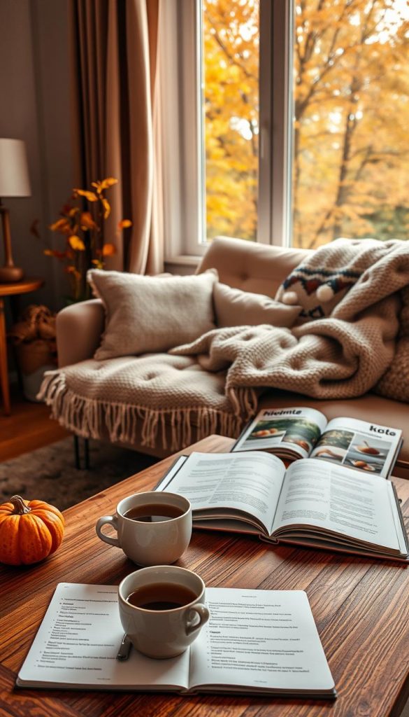 A cozy autumn scene showcasing a "herbst mini-routine" set in a warm, inviting living room. In the foreground, a wooden coffee table is adorned with a steaming cup of herbal tea, a small pumpkin, and an open notebook filled with autumn to-do lists. The middle ground features a plush armchair draped with a soft, knitted blanket, surrounded by magazines highlighting healthy recipes and wellness tips. In the background, a window reveals a vibrant autumn landscape with golden, orange, and red leaves gently falling from trees. The lighting is warm and soft, creating a peaceful atmosphere, reminiscent of a Pinterest aesthetic. The image evokes inspiration and authenticity, while subtly incorporating the brand "KlickKiste" through stylized decor elements. A cozy autumn scene showcasing a "herbst mini-routine" set in a warm, inviting living room. In the foreground, a wooden coffee table is adorned with a steaming cup of herbal tea, a small pumpkin, and an open notebook filled with autumn to-do lists. The middle ground features a plush armchair draped with a soft, knitted blanket, surrounded by magazines highlighting healthy recipes and wellness tips. In the background, a window reveals a vibrant autumn landscape with golden, orange, and red leaves gently falling from trees. The lighting is warm and soft, creating a peaceful atmosphere, reminiscent of a Pinterest aesthetic. The image evokes inspiration and authenticity, while subtly incorporating the brand "KlickKiste" through stylized decor elements.