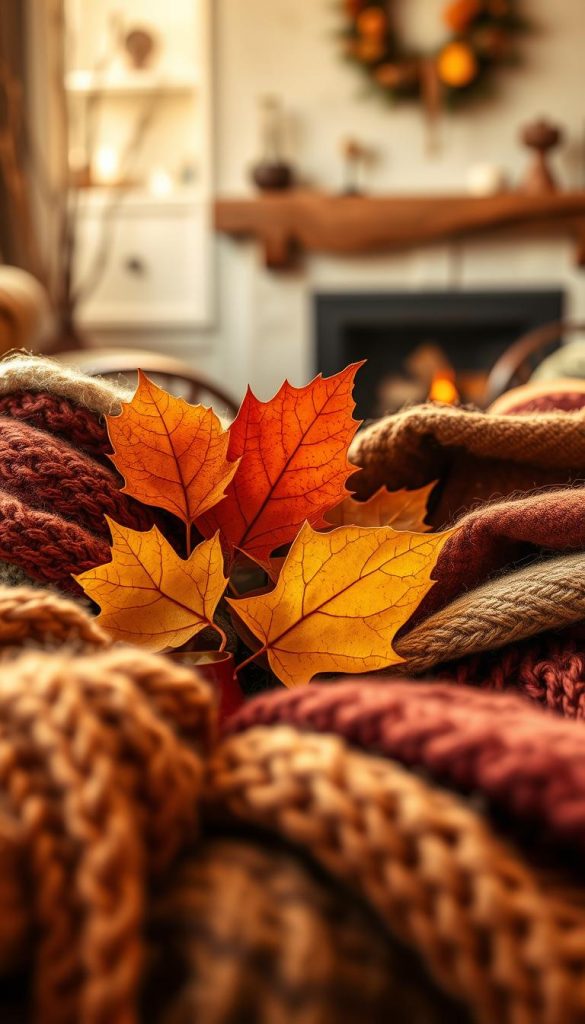 A cozy autumn scene showcasing a rich assortment of materials, textures, and colors perfect for layering. In the foreground, tactile fabrics like chunky knits, soft cashmere, and warm wool are artfully arranged, exuding a sense of warmth and comfort. In the middle, vibrant fall leaves in hues of deep orange, mustard yellow, and burgundy create a natural backdrop, accentuating the textures. The background features a softly blurred indoor setting, perhaps a cozy room with a fireplace, giving an inviting ambiance. The lighting is warm and golden, simulating late afternoon sunlight, enhancing the cozy feel. Capture this in a style reminiscent of Pinterest aesthetics, ensuring authenticity and inspiration shine through. This image should represent the essence of "KlickKiste" without any text, watermarks, or signatures.