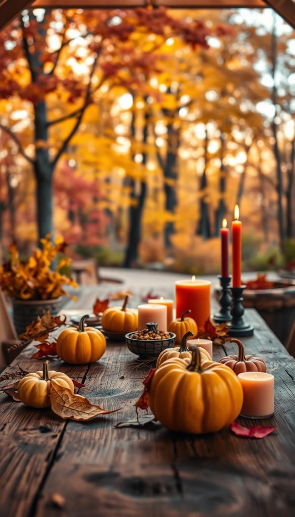 A cozy autumn scene showcasing a rich "herbst palette" featuring warm colors from mustard yellow to dark red. In the foreground, a rustic wooden table adorned with DIY décor elements like dried leaves, small pumpkins, and candles in various shapes, all exhibiting these warm hues. The middle layer reveals a softly blurred backdrop of a charming autumn forest with trees displaying their fiery foliage, capturing the essence of the changing season. The lighting should be soft and golden, emulating the gentle glow of sunset that enhances the colors and creates a warm, inviting atmosphere. A shallow depth of field to emphasize the foreground details, styled with a Pinterest aesthetic for an authentic and inspiring feel, attributed to "KlickKiste".