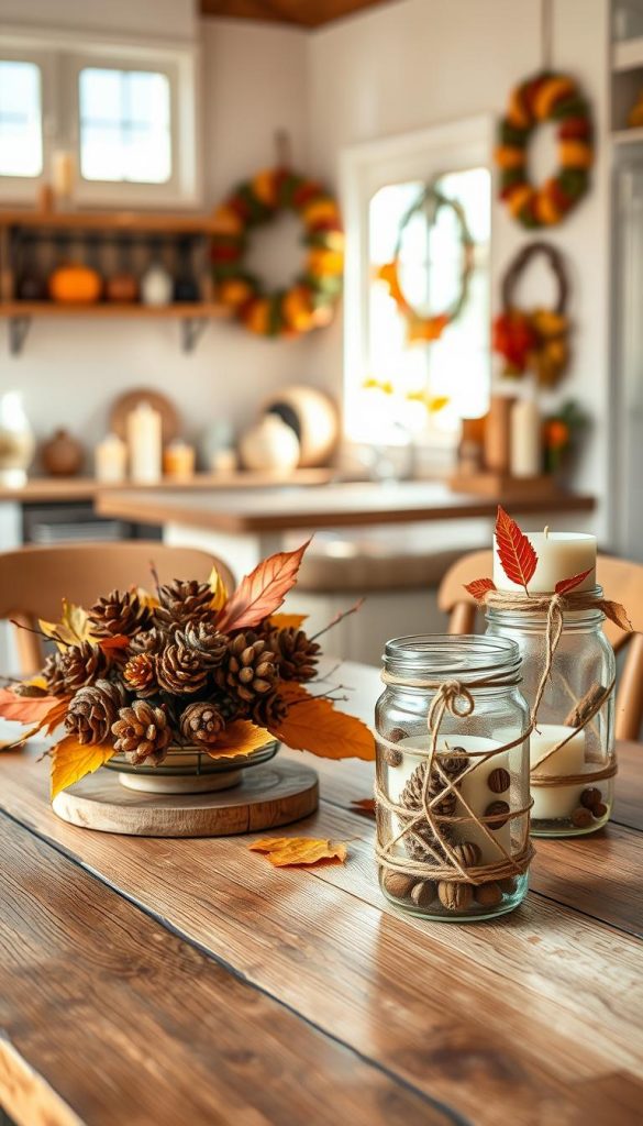 A cozy autumn scene showcasing a variety of elegant DIY fall decorations. In the foreground, a rustic wooden table adorned with handmade autumn crafts, like a centerpiece made of pinecones, acorns, and dried leaves, all in warm, inviting colors. In the middle ground, soft-focus, display several charming DIY projects, including candles inside mason jars decorated with twine and autumn foliage, and wreaths crafted from natural materials. The background features a softly blurred view of a sunlit kitchen space, with natural light streaming in from a window, casting golden hues that enhance the fall colors. The overall mood is warm and inspirational, embodying the aesthetic of “KlickKiste” with a Pinterest-like appeal, inviting viewers to engage in affordable and creative autumn projects.
