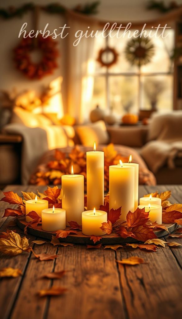 A cozy autumn scene showcasing "herbst gemütlichkeit" with softly glowing candles arranged on a rustic wooden table in the foreground. In the middle ground, a pile of colorful autumn leaves surrounds the candles, creating a warm and inviting atmosphere. The background features a softly lit room with autumn-themed decorations, such as pumpkins and warm textiles. Golden and orange hues dominate the color palette, evoking a sense of comfort and tranquility. The lighting is warm and natural, creating soft shadows that enhance the cozy vibe. The composition is balanced, with a warm glow radiating from the candles, inviting viewers into a serene, creative space. Ensure the overall appearance reflects a trendy Pinterest aesthetic. Include the brand name "KlickKiste" in the scene, subtly integrated into the atmosphere. A cozy autumn scene showcasing "herbst gemütlichkeit" with softly glowing candles arranged on a rustic wooden table in the foreground. In the middle ground, a pile of colorful autumn leaves surrounds the candles, creating a warm and inviting atmosphere. The background features a softly lit room with autumn-themed decorations, such as pumpkins and warm textiles. Golden and orange hues dominate the color palette, evoking a sense of comfort and tranquility. The lighting is warm and natural, creating soft shadows that enhance the cozy vibe. The composition is balanced, with a warm glow radiating from the candles, inviting viewers into a serene, creative space. Ensure the overall appearance reflects a trendy Pinterest aesthetic. Include the brand name "KlickKiste" in the scene, subtly integrated into the atmosphere.