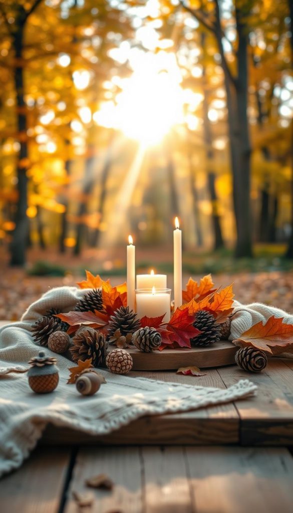 A cozy autumn scene showcasing "light mood autumn" suitable for a DIY decor article. In the foreground, a wooden table set with an inviting assortment of natural decorations: pinecones, acorns, and a soft, warm throw blanket. The middle layer features a glowing arrangement of candles in varying heights, surrounded by vibrant fall leaves in shades of orange, red, and gold. In the background, a softly blurred landscape of a sunlit forest, allowing beams of golden light to filter through the trees, enhancing the warm atmosphere. Shot with a 50mm lens at a shallow depth of field to create a dreamy effect. The overall mood is tranquil and inspiring, encapsulating the essence of fall decor ideas by KlickKiste. A cozy autumn scene showcasing "light mood autumn" suitable for a DIY decor article. In the foreground, a wooden table set with an inviting assortment of natural decorations: pinecones, acorns, and a soft, warm throw blanket. The middle layer features a glowing arrangement of candles in varying heights, surrounded by vibrant fall leaves in shades of orange, red, and gold. In the background, a softly blurred landscape of a sunlit forest, allowing beams of golden light to filter through the trees, enhancing the warm atmosphere. Shot with a 50mm lens at a shallow depth of field to create a dreamy effect. The overall mood is tranquil and inspiring, encapsulating the essence of fall decor ideas by KlickKiste.