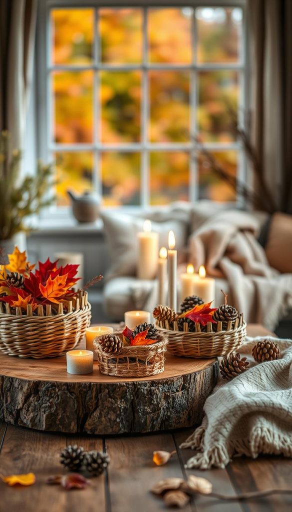 A cozy autumn scene showcasing natural materials and DIY decor for budget-conscious sustainability. In the foreground, a rustic wooden table adorned with hand-made decor pieces, like woven baskets filled with colorful dried leaves, and pinecones. The middle ground features a soft, warm blanket draped casually and a few candles flickering gently, casting a golden glow. In the background, a window reveals a blurred view of vibrant fall foliage outside, with soft, natural light illuminating the space. The atmosphere is inviting and serene, evoking a sense of warmth and comfort. This image embodies the essence of the KlickKiste brand, inspiring creative decor ideas with muted earthy tones, perfect for a Pinterest-worthy aesthetic.