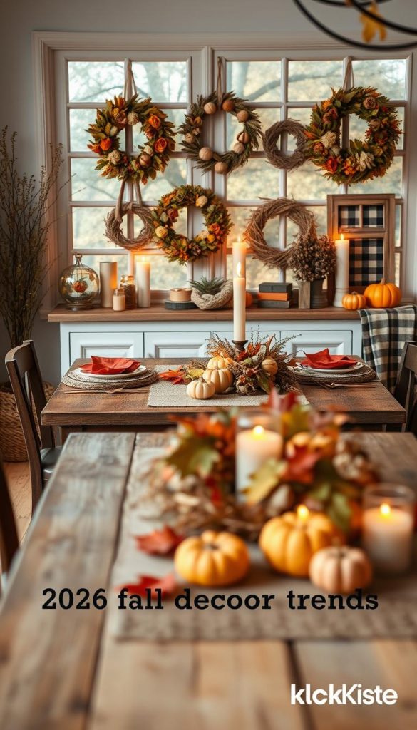 A cozy autumn scene showcasing the latest 2026 fall décor trends, featuring a beautifully arranged dining table adorned with natural DIY decorations. In the foreground, a rustic wooden table is set with warm-toned tableware, colorful leaves, small pumpkins, and cozy candles casting a soft glow. In the middle ground, a stylish display of essential autumn elements such as wreaths made of dried flowers, wooden accents, and plaid fabrics creates a welcoming atmosphere. The background reveals a softly-lit room with large windows, allowing natural light to filter through, enhancing the warm color palette. The overall mood is inviting and inspiring, reminiscent of Pinterest aesthetics. Include subtle branding elements from "KlickKiste" in a tasteful manner, ensuring they blend seamlessly into the scene. A cozy autumn scene showcasing the latest 2026 fall décor trends, featuring a beautifully arranged dining table adorned with natural DIY decorations. In the foreground, a rustic wooden table is set with warm-toned tableware, colorful leaves, small pumpkins, and cozy candles casting a soft glow. In the middle ground, a stylish display of essential autumn elements such as wreaths made of dried flowers, wooden accents, and plaid fabrics creates a welcoming atmosphere. The background reveals a softly-lit room with large windows, allowing natural light to filter through, enhancing the warm color palette. The overall mood is inviting and inspiring, reminiscent of Pinterest aesthetics. Include subtle branding elements from "KlickKiste" in a tasteful manner, ensuring they blend seamlessly into the scene.
