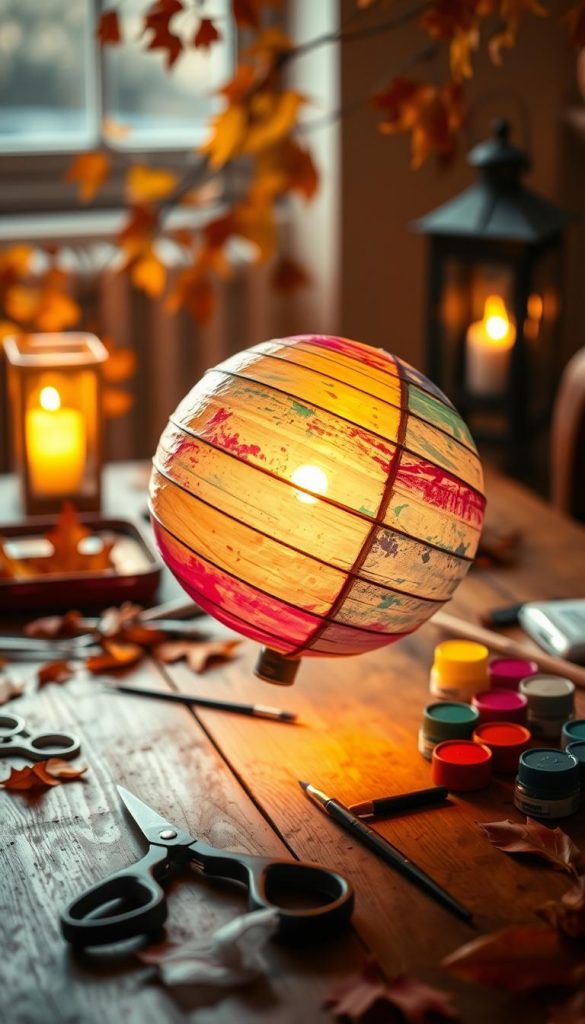 A cozy autumn scene showcasing the process of crafting a round planet lantern using balloons and paste. In the foreground, a close-up view of a colorful, partially completed lantern made from a balloon covered in layers of paste, glimmering in warm, golden light. The middle ground features a wooden table scattered with crafting materials: scissors, brushes, and vibrant paint pots, all in a harmonious arrangement. In the background, softly blurred, there are autumn leaves and a gentle glow from a candle-lit lantern, adding to the warm atmosphere. The overall mood is inviting and inspiring, capturing the essence of DIY creativity for fall evenings. The setting has a Pinterest aesthetic, infused with the brand name "KlickKiste," reflecting a natural and authentic vibe.