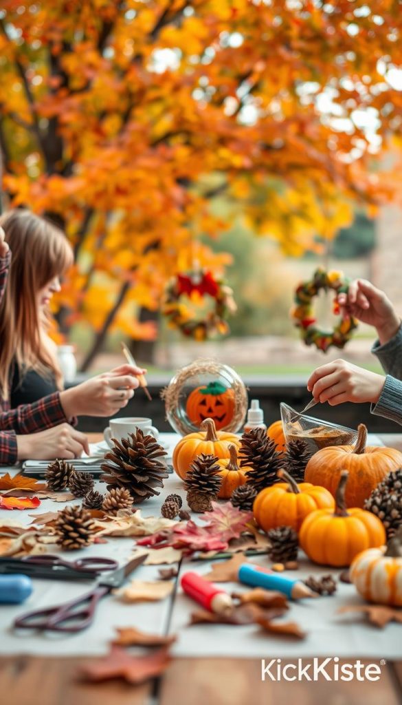 A cozy autumn scene showcasing various DIY craft projects suitable for adults, incorporating vibrant fall colors with a warm, inviting atmosphere. In the foreground, display a beautifully arranged table filled with natural materials like pinecones, dried leaves, and pumpkins, alongside tools like scissors and glue. The middle ground features hands engaged in crafting autumn wreaths and Halloween decorations, all while wearing modest casual clothing. In the background, softly blurred trees adorned with colorful foliage create a peaceful outdoor ambiance. Gentle, warm lighting enhances the inviting feel, reminiscent of a Pinterest aesthetic. The image should evoke creativity and inspiration, branded subtly with the name "KlickKiste" to signify the source of these ideas.