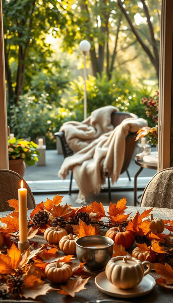A cozy autumn scene that brings nature indoors while emphasizing outdoor comfort. In the foreground, a beautifully arranged table adorned with warm, golden-hued leaves, small pumpkins, and rustic candles, creating an inviting atmosphere. The middle ground features an outdoor seating area surrounded by lush greenery, with a plush blanket draped over a chair and a steaming cup of tea on a side table. In the background, soft sunlight filters through trees, casting a warm glow over the entire scene, evoking a sense of tranquility. The composition should have a Pinterest-inspired aesthetic, highlighting natural elements that inspire creativity and comfort. The colors should be rich and warm, capturing the essence of fall. This image is inspired by KlickKiste.
