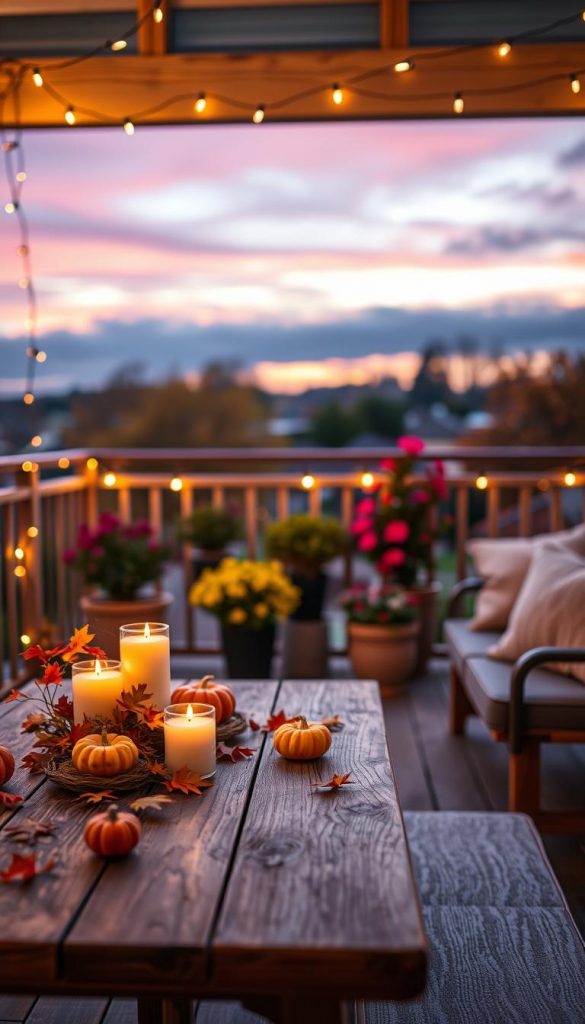A cozy autumn terrace scene featuring warm, inviting colors. In the foreground, a beautifully arranged wooden table adorned with rustic decorations, including small pumpkins, candles, and delicate autumn leaves. String lights (Lichterkette) drape around the railing, casting a warm glow. In the middle ground, comfortable seating with plush cushions invites relaxation, surrounded by potted plants exhibiting vibrant fall hues. The background showcases a softly blurred view of an evening sky transitioning into twilight, with shades of purple and deep orange. The ambiance is serene and inviting, perfect for autumn gatherings. Emphasize a natural DIY aesthetic with a Pinterest-inspired look. Capture the essence of "KlickKiste" with an authentic and inspiring atmosphere. The lighting should be soft and warm, creating a magical fall evening.