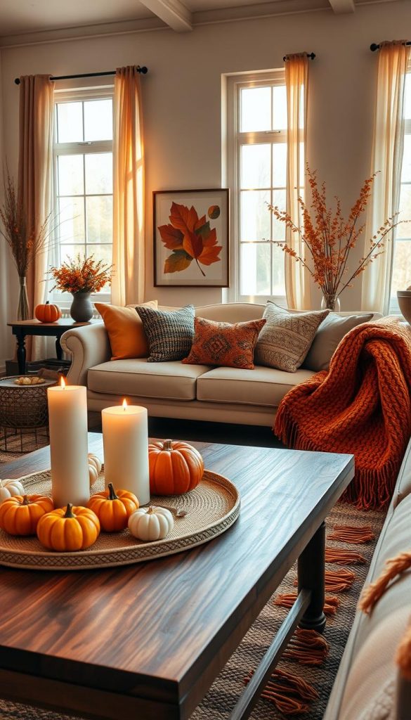 A cozy autumn-themed interior scene, featuring a well-decorated room with warm, inviting colors like deep oranges, rustic browns, and soft yellows. In the foreground, a stylishly set coffee table with candles, small pumpkins, and a vibrant knitted throw adds texture. The middle ground includes an elegant sofa adorned with seasonal pillows and a tasteful wall art piece showcasing autumn leaves. In the background, large windows with sheer curtains allow soft golden sunlight to filter in, illuminating the room. The overall atmosphere should radiate warmth, comfort, and inspiration, with a Pinterest-worthy aesthetic. Ensure the branding "KlickKiste" subtly integrated into the decor, like a small decorative item. The scene should evoke a sense of tranquility and seasonal beauty, highlighting the importance of thoughtful styling.