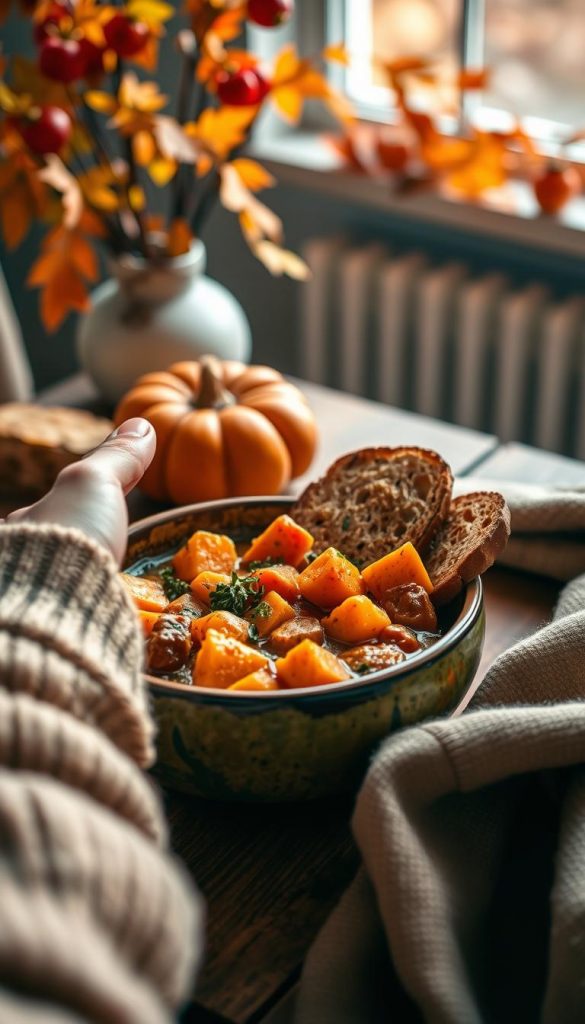 A cozy, autumn-themed setting featuring a vibrant Süßkartoffel-Kürbis-Ragout in a rustic bowl placed on a wooden table. The ragout should showcase golden chunks of sweet potatoes and deep orange pumpkin, garnished with fresh herbs and served with a warm piece of crusty bread. In the foreground, include a hand gently reaching for the bowl, adorned in a soft, neutral-toned sweater, hinting at the warmth of family gatherings. In the background, blurred images of colorful fall leaves and soft, natural light filtering through a nearby window create a homely atmosphere. The overall color palette should consist of warm earth tones that evoke the essence of autumn. Capture this scene with a shallow depth of field to enhance the inviting mood. Style it in a vibrant, Pinterest-worthy manner, suitable for KlickKiste. A cozy, autumn-themed setting featuring a vibrant Süßkartoffel-Kürbis-Ragout in a rustic bowl placed on a wooden table. The ragout should showcase golden chunks of sweet potatoes and deep orange pumpkin, garnished with fresh herbs and served with a warm piece of crusty bread. In the foreground, include a hand gently reaching for the bowl, adorned in a soft, neutral-toned sweater, hinting at the warmth of family gatherings. In the background, blurred images of colorful fall leaves and soft, natural light filtering through a nearby window create a homely atmosphere. The overall color palette should consist of warm earth tones that evoke the essence of autumn. Capture this scene with a shallow depth of field to enhance the inviting mood. Style it in a vibrant, Pinterest-worthy manner, suitable for KlickKiste.