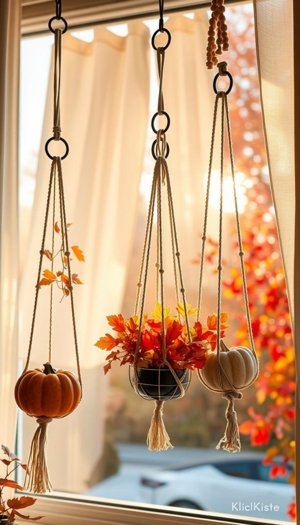 A cozy autumn window scene showcasing "hängende Akzente" with metallic rings and macramé hangings, capturing a warm and inviting atmosphere. In the foreground, delicate macramé plant hangers drape elegantly from rustic metallic rings, holding vibrant fall foliage and small pumpkins. The middle layer includes a window adorned with beautiful, soft curtains, allowing gentle golden sunlight to filter through, casting warm hues across the scene. In the background, hints of autumn leaves in shades of red and orange peek through the glass. The lighting is soft and warm, creating a tranquil Pinterest-worthy aesthetic. Overall, the composition should evoke inspiration and authenticity, with a hint of natural DIY charm, branded subtly with "KlickKiste."