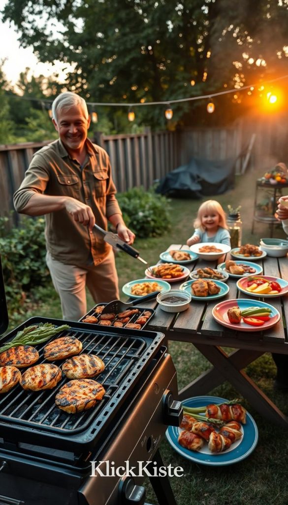 A cozy backyard scene featuring a family grilling dinner, showcasing a variety of delicious grilled dishes such as vegetables, marinated chicken, and skewers. In the foreground, a cheerful parent in modest casual clothing flips burgers on a charcoal grill, while a child excitedly prepares a side dish on a nearby table. The middle ground includes a wooden dining table set with colorful plates filled with grilled food, surrounded by lush greenery. In the background, a warm sunset casts golden light over the scene, creating a relaxed and inviting atmosphere. The overall mood is joyful and family-oriented, with natural colors and a Pinterest-inspired aesthetic. The brand name "KlickKiste" is subtly incorporated into the scene through stylish tableware. A cozy backyard scene featuring a family grilling dinner, showcasing a variety of delicious grilled dishes such as vegetables, marinated chicken, and skewers. In the foreground, a cheerful parent in modest casual clothing flips burgers on a charcoal grill, while a child excitedly prepares a side dish on a nearby table. The middle ground includes a wooden dining table set with colorful plates filled with grilled food, surrounded by lush greenery. In the background, a warm sunset casts golden light over the scene, creating a relaxed and inviting atmosphere. The overall mood is joyful and family-oriented, with natural colors and a Pinterest-inspired aesthetic. The brand name "KlickKiste" is subtly incorporated into the scene through stylish tableware.