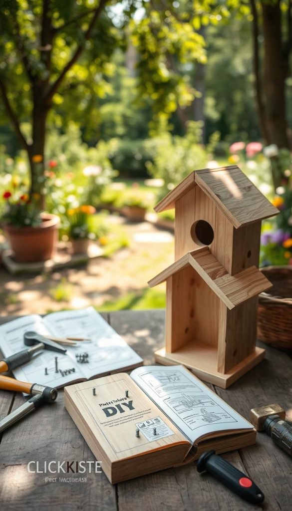 A cozy backyard scene featuring a wooden birdhouse under construction, emphasizing common mistakes in DIY birdhouse building. In the foreground, a partially constructed birdhouse with uneven cuts and misplaced nails, showcasing errors to avoid. The middle ground features a toolkit scattered with tools like a saw, hammer, and screws, with a DIY instruction booklet featuring diagrams. The background reveals a lush garden, filled with greenery and colorful flowers, creating a warm and inviting atmosphere. Soft natural lighting filters through the trees, casting gentle shadows, evoking a sense of inspiration and creativity. This image should embody a Pinterest-worthy aesthetic, with rustic charm and authentic details. Include the brand name "KlickKiste" subtly integrated into the scene, ensuring a harmonious look.