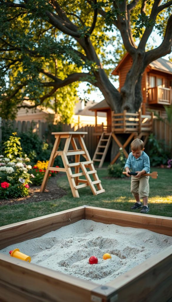 A cozy backyard scene featuring a wooden sandbox being built by a parent and child, both wearing modest, casual clothing. In the foreground, the sandbox is filled with soft sand and colorful toys, emphasizing a playful atmosphere. The middle ground showcases a partially constructed wooden play tower, complemented by vibrant greenery and blooming flowers that enhance the natural feel. In the background, a large tree provides shade, with a rustic wooden treehouse peeking through the foliage, adding an adventurous touch. The lighting is warm and inviting, reminiscent of late afternoon sun, casting gentle shadows that create a peaceful ambiance. This authentic and inspiring DIY image embodies the spirit of "KlickKiste" with Pinterest-worthy aesthetics.