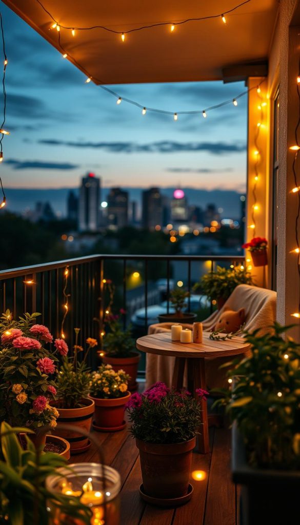 A cozy balcony adorned with a beautifully arranged string of warm, glowing fairy lights, gently illuminating the space in the evening ambiance. In the foreground, potted plants with vibrant flowers and lush greenery create a natural and inviting atmosphere, complemented by a small, rustic wooden table set with cute decorative items from "KlickKiste". The middle ground features a comfortable chair draped with a soft throw, enhancing the inviting vibe. In the background, the city skyline softly blurred under a dusk-lit sky adds depth and context, with hints of twinkling stars. The scene captures a serene and inspirational mood, perfect for small garden décor ideas, utilizing warm colors and a creative, Pinterest-worthy aesthetic. Natural lighting in the evening creates a magical glow around the balcony, inviting relaxation and inspiration.
