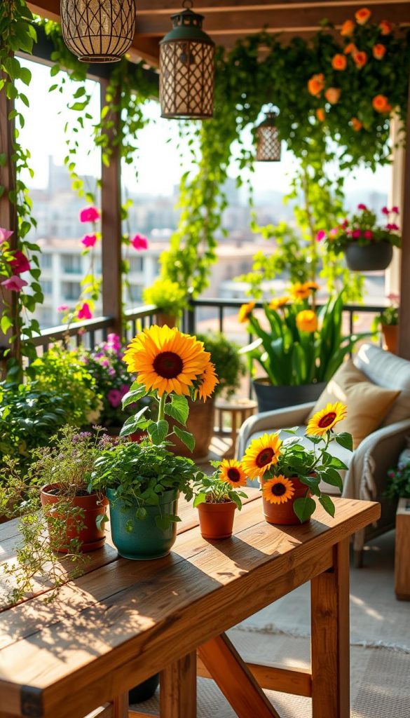 A cozy balcony adorned with a vibrant array of lush greenery and colorful flowers, embodying the spirit of summer. In the foreground, a wooden table with a rustic charm showcases various potted herbs and a cheerful vase of sunflowers, enhanced by warm, golden sunlight casting soft shadows. The middle ground features a comfortable seating area with well-cushioned chairs, where a delicate, handwoven blanket adds texture. Decorative lanterns hang gently above, creating an inviting atmosphere. In the background, a gentle blur of cityscape contrasts with the lush nature, emphasizing urban living harmonized with greenery. The overall mood is warm, inviting, and tranquil, reminiscent of a Pinterest-inspired DIY aesthetic. This scene perfectly captures the essence of “KlickKiste” decor, reflecting authenticity and inspiration for summer.