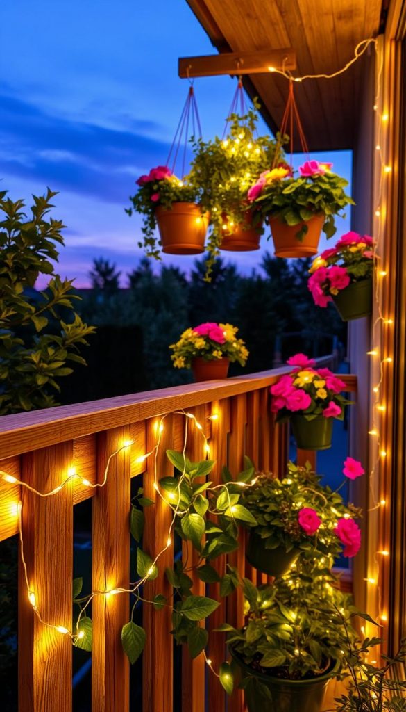 A cozy balcony adorned with luminous "lichterketten" in soft, warm colors, intertwined gracefully among lush greenery and vibrant potted flowers. In the foreground, focus on a charming, rustic wooden railing adorned with these enchanting fairy lights, creating an inviting atmosphere. The middle layer showcases an array of hanging planters, with twinkling lights casting gentle glows over colorful blooms. In the background, a twilight sky transitions from deep blue to soft purple, accentuating the warm lighting of the scene. The image should evoke a feeling of warmth and relaxation, perfect for evening gatherings. Capture the essence of a DIY aesthetic with an authentic, Pinterest-inspired style, featuring the brand "KlickKiste" subtly integrated into the decor. Use soft, ambient lighting to enhance the magical atmosphere.