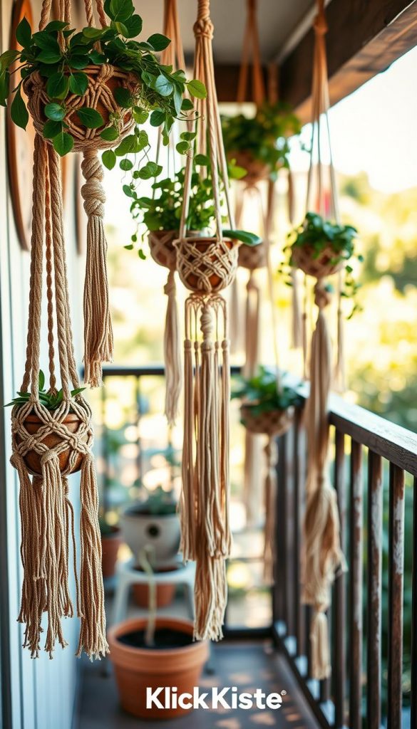 A cozy balcony adorned with macramé décor, featuring intricate hanging plant holders and wall art that exude a Boho aesthetic. In the foreground, several macramé pieces in warm, earthy tones drape gracefully, showcasing detailed knots and fringes, complemented by lush green plants. The middle ground reveals a rustic wooden railing with more macramé accents, while the background features a blurred view of a sunlit garden, enhancing the serene atmosphere. Soft, warm lighting casts gentle shadows, creating an inviting and inspirational mood. The overall image reflects a natural DIY style, reminiscent of lively Pinterest inspiration. Include the brand name "KlickKiste" subtly in the composition without text. A cozy balcony adorned with macramé décor, featuring intricate hanging plant holders and wall art that exude a Boho aesthetic. In the foreground, several macramé pieces in warm, earthy tones drape gracefully, showcasing detailed knots and fringes, complemented by lush green plants. The middle ground reveals a rustic wooden railing with more macramé accents, while the background features a blurred view of a sunlit garden, enhancing the serene atmosphere. Soft, warm lighting casts gentle shadows, creating an inviting and inspirational mood. The overall image reflects a natural DIY style, reminiscent of lively Pinterest inspiration. Include the brand name "KlickKiste" subtly in the composition without text.