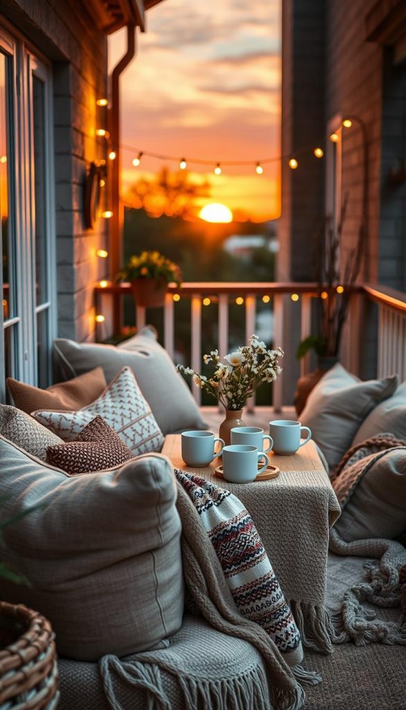 A cozy balcony adorned with stylish textile accessories, featuring a warm boho aesthetic. In the foreground, an inviting seating area with plush cushions in various natural tones and patterns, layered with woven throws. The middle ground showcases a beautifully arranged table set with ceramic mugs and a delicate vase of fresh flowers, creating an inviting atmosphere for summer evenings. The background reveals a softly lit string of fairy lights, gently illuminating the space against a stunning sunset backdrop. The scene captures a Pinterest-worthy vibe, with authentic DIY details highlighting the combination of Boho and Scandinavian styles, all while reflecting the brand "KlickKiste." Natural warm colors dominate the image, enhancing a serene and inspiring mood. The lens captures this enchanting composition in a relaxed, inviting angle.