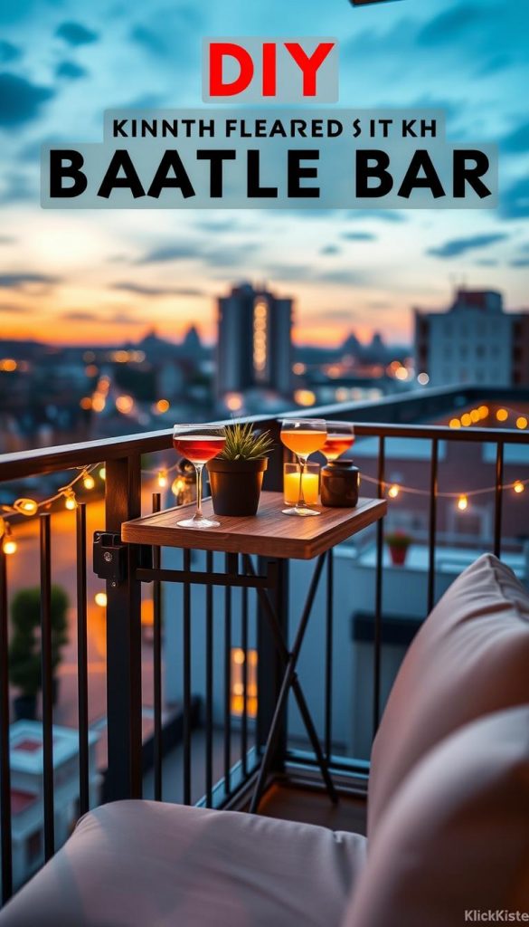 A cozy balcony bar designed for a small space, featuring a compact foldable table attached to a stylish railing. The table is beautifully set with warm-colored accessories, including a charming plant, two inviting glasses filled with a refreshing drink, and a decorative candle. The background showcases a softly lit urban setting under a twilight sky, with hints of city life creating a relaxed atmosphere. The scene is illuminated with warm, golden accent lights that enhance the inviting mood. The perspective captures the balcony at a slight angle, allowing a glimpse of the comfy seating. The entire setting reflects a natural DIY aesthetic, inspired by Pinterest, with the brand name "KlickKiste" subtly referenced through the decor.