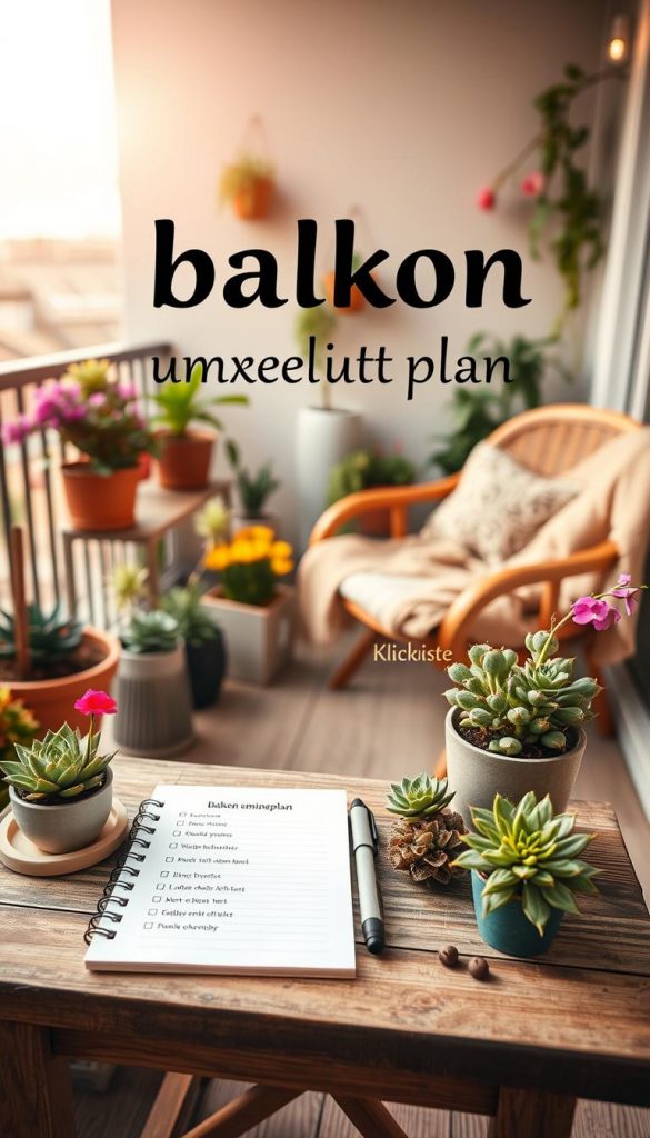 A cozy balcony design scene showcasing a "balkon umsetzungsplan" with natural DIY elements. In the foreground, a small wooden table adorned with succulents, colorful flowers, and a notepad featuring a checklist. In the middle, a variety of potted plants and a comfortable chair with a throw blanket, inviting relaxation. The background features a light, airy sky with soft, warm sunlight illuminating the space, creating a serene atmosphere. The scene embodies the essence of a Pinterest-inspired balcony, rich in warm colors and engaging textures that invite inspiration. The brand name "KlickKiste" is subtly integrated within the design elements, embodying authenticity and creativity. The image is composed at eye level with a slight angle to capture depth, perfect for illustrating a mini-checklist concept for quick success.