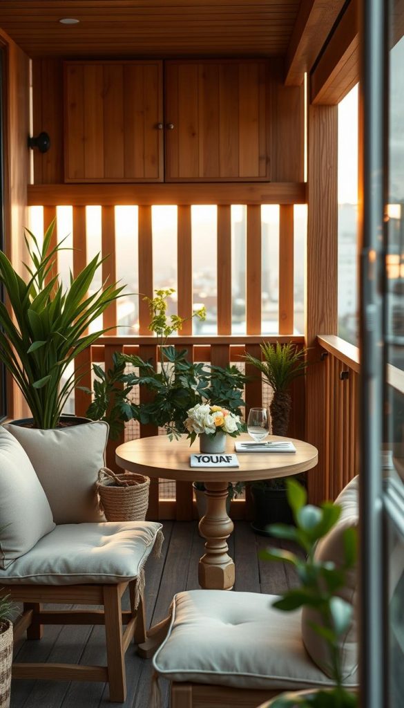 A cozy balcony dining nook infused with natural DIY elements, featuring wooden furniture with soft cushions in warm, earthy tones. In the foreground, a small round table is elegantly set for two, adorned with a simple floral centerpiece. In the middle ground, potted plants and greenery create a serene atmosphere, adding a touch of nature. The background showcases a cityscape peeking through a wooden railing that provides a sense of privacy. The image is bathed in soft, golden hour light, casting gentle shadows and giving a warm, inviting glow. Captured from a slight angle that emphasizes the space’s intimacy, this scene exudes an authentic, inspiring Pinterest aesthetic. Designed by "KlickKiste".